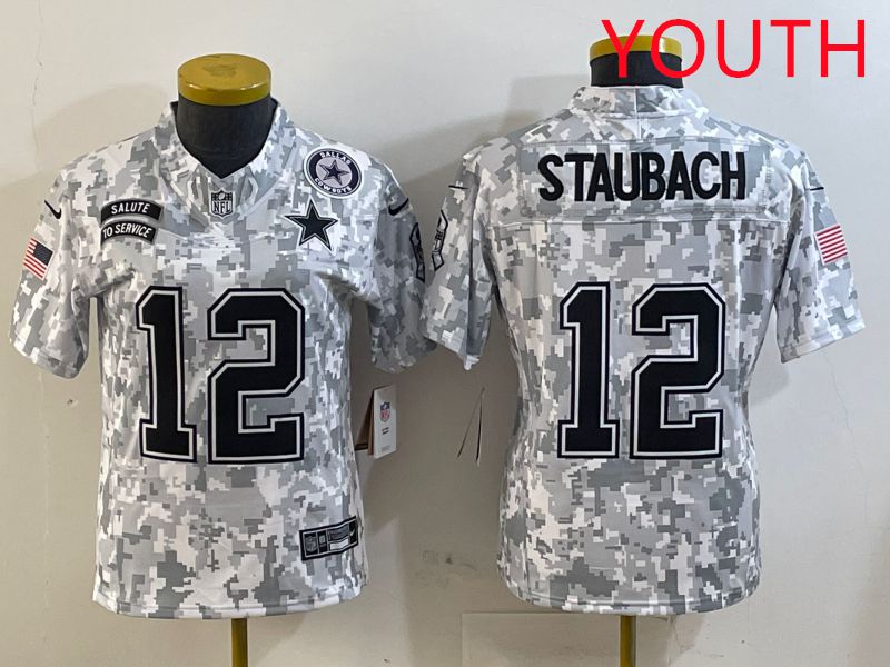 Youth Dallas Cowboys #12 Staubach Camo Nike Olive Salute To Service Limited NFL Jersey style 2